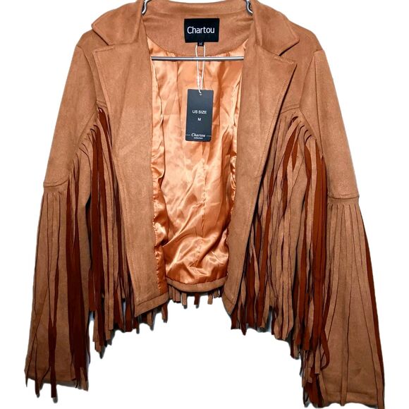 Chartou Faux Suede Camel Color Jacket Sz M Cropped Fringe Trimming Open Front - Picture 1 of 10